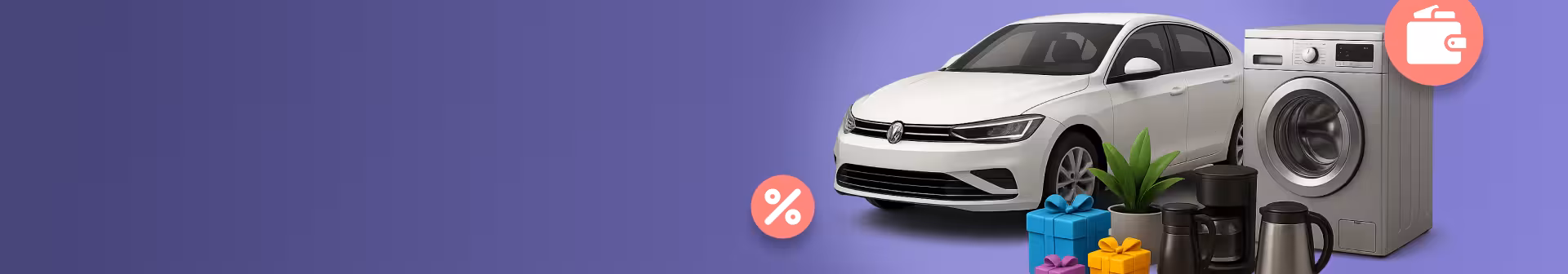 O mașină, diverse electrocasnice și cadouri simbolizează achizițiile care pot fi finanțate prin împrumut.